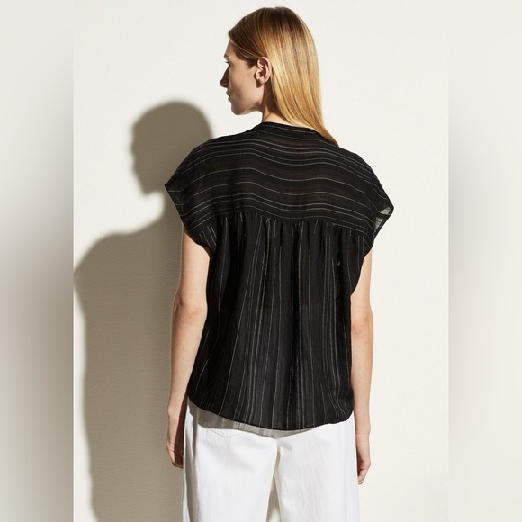 Vince Drapey Stripe Sleeveless Band Collar Popover Black Women's Size XXXL (3X) - Picture 2 of 10